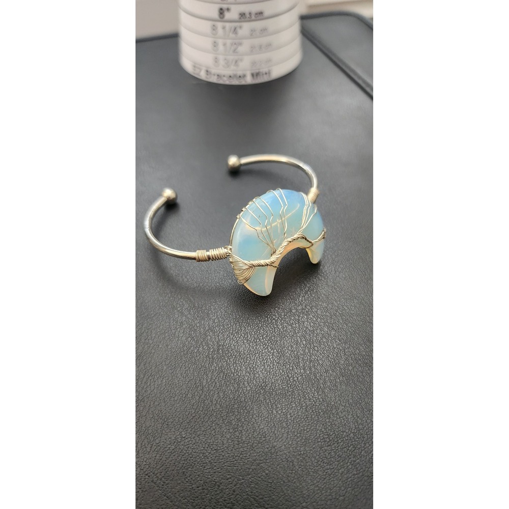 Tree of Life Wire Wrapped Crescent Moon Opalite Cuff Bracelet Silver Gold Tone
